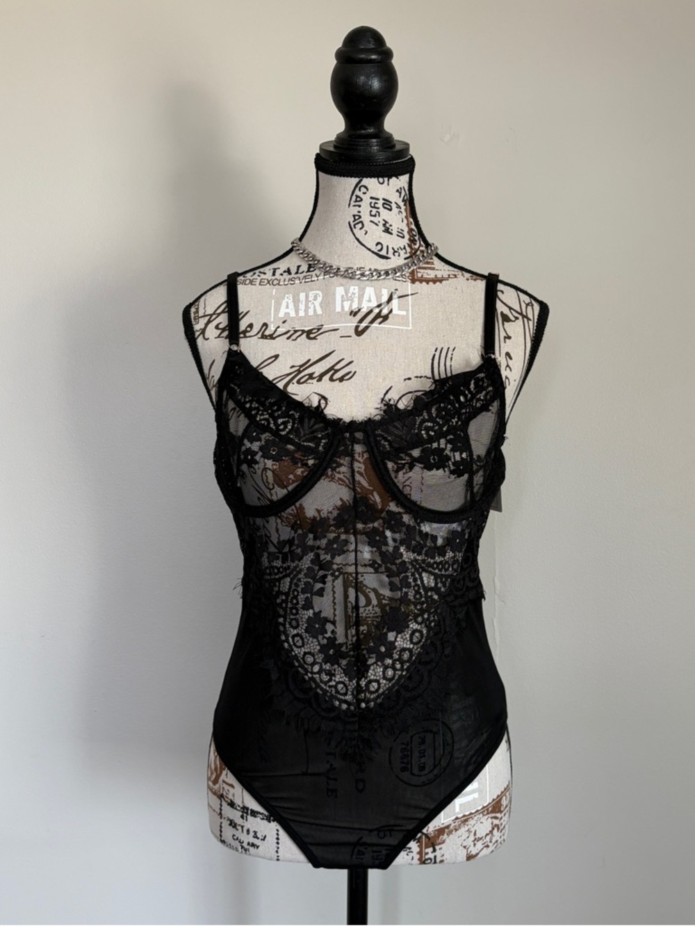 Blashe black lace semi sheer lingerie bodysuit NWT